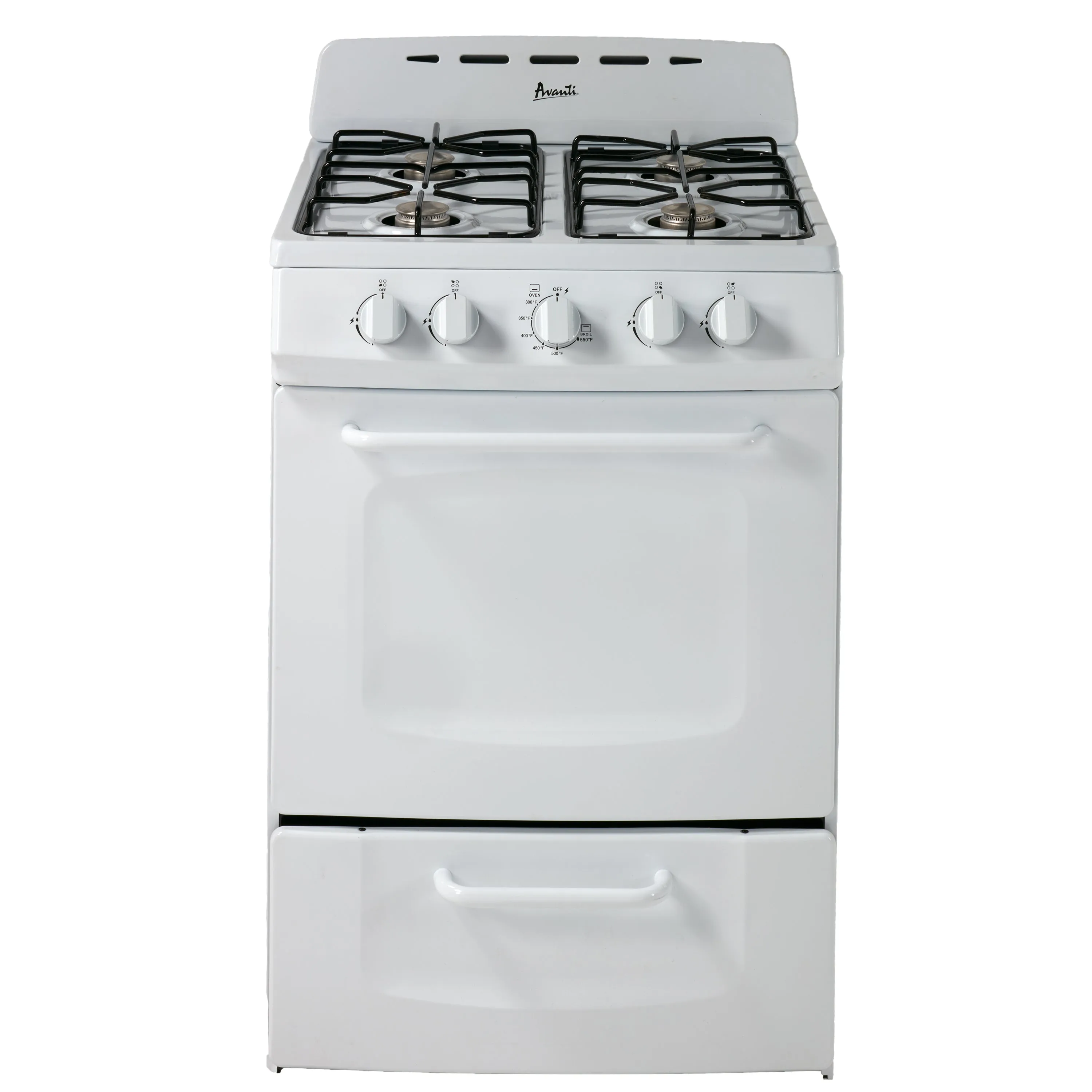 Kompor gas compact JP99 Avanti Gas Range dengan oven putih dan empat tungku pembakar berkualitas.