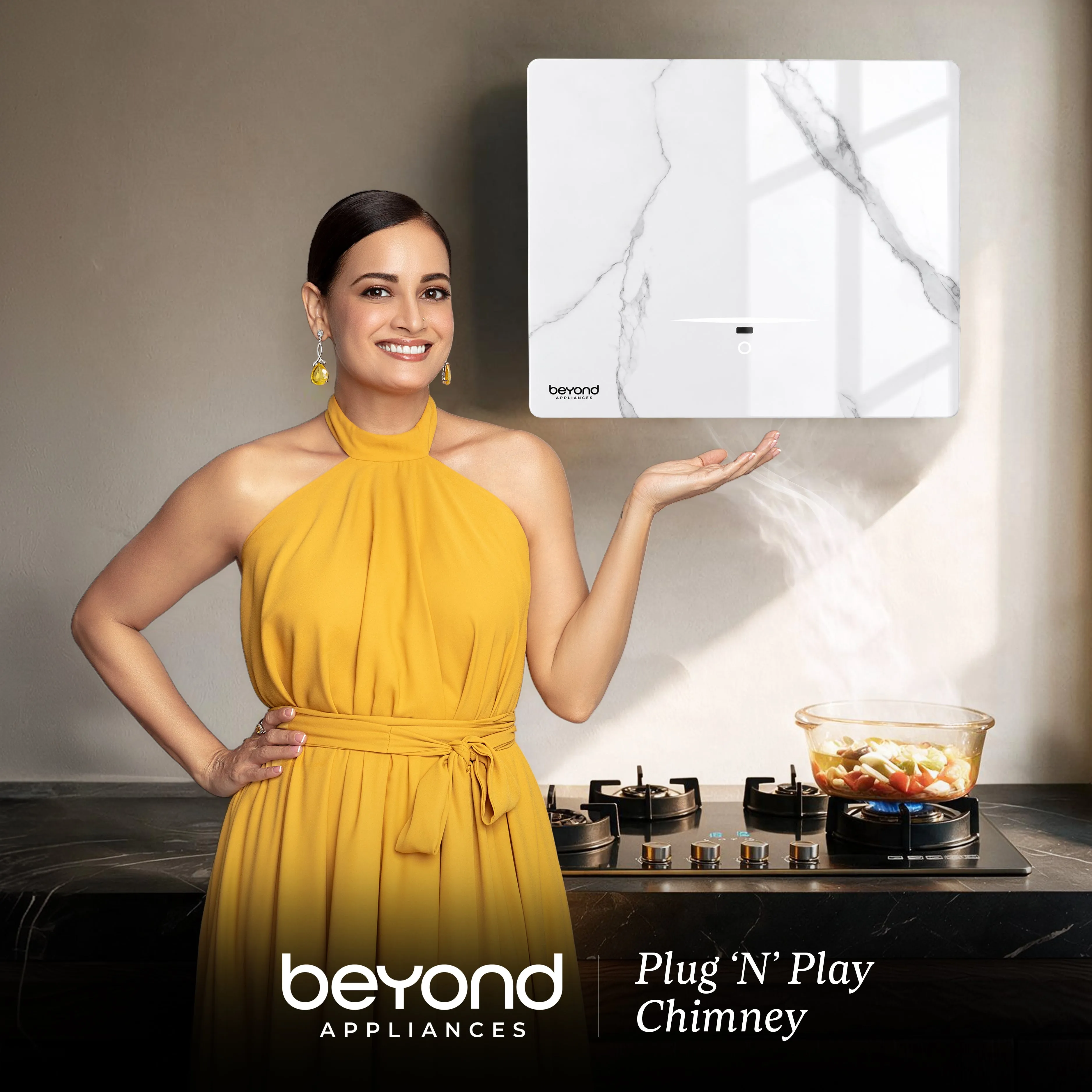 HIAM138 Cube Plug N Play Chimney Ivory BLDC warna gading elegan untuk dapur modern