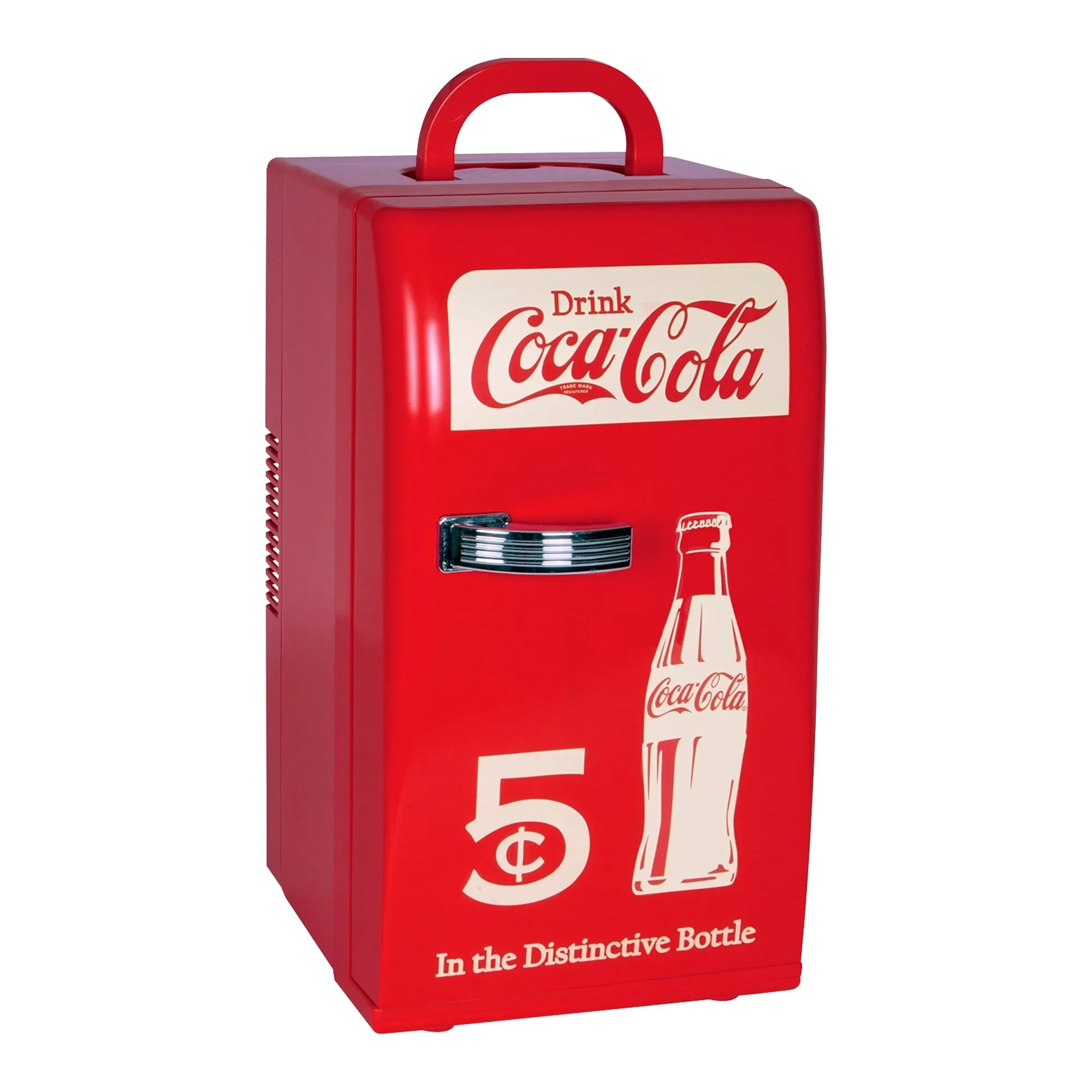 HIAM138 Kulkas Mini Portabel Coca-Cola Retro warna merah menyala dengan gagang krom