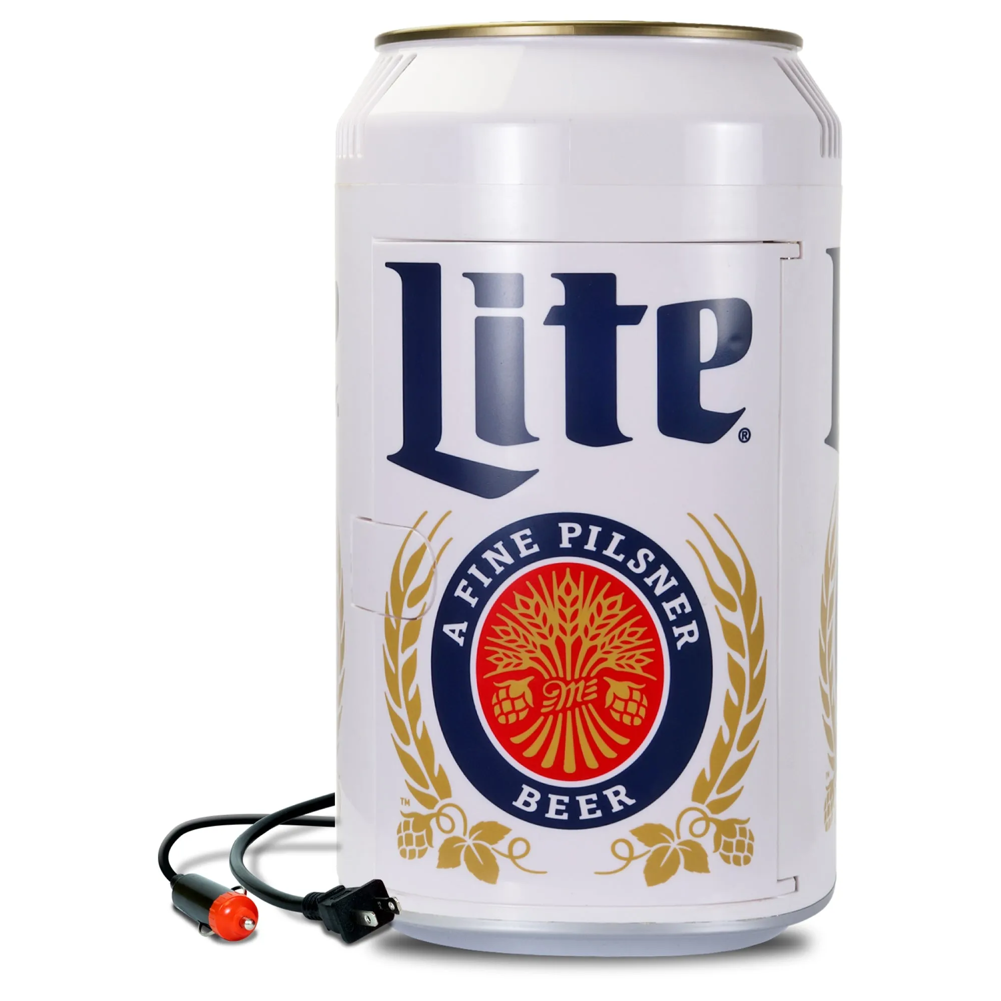 SLOTBOLA88 Miller Lite Can-Shaped Mini Fridge warna putih dan emas di atas meja
